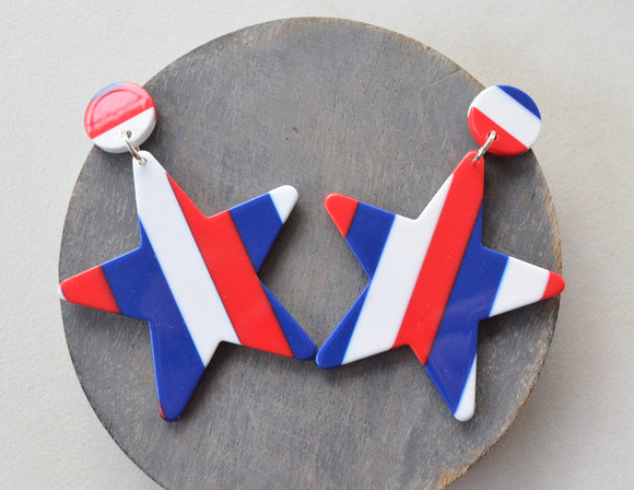Red White Blue Star Acrylic July 4th Independence Day Big Statement Earrings