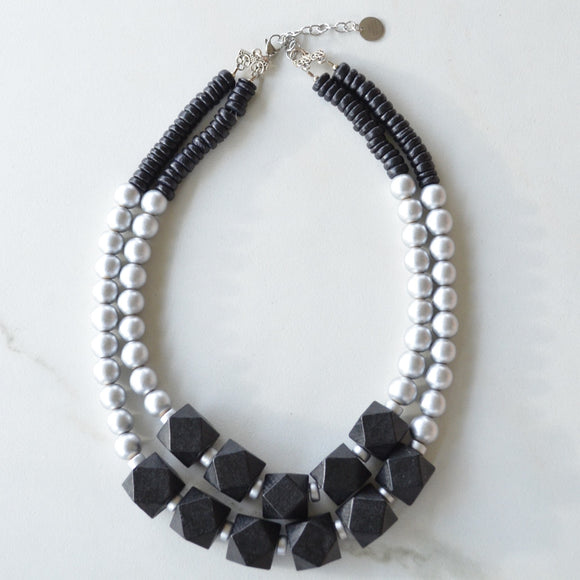 Black Silver Wood Beaded Chunky Multi Strand Statement Necklace - Riley