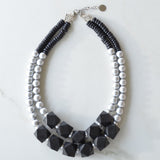 Black Silver Wood Beaded Chunky Multi Strand Statement Necklace - Riley