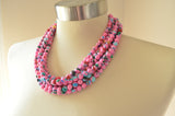 Pink Colorful Chunky Bead Multi Color Statement Necklace - Michelle
