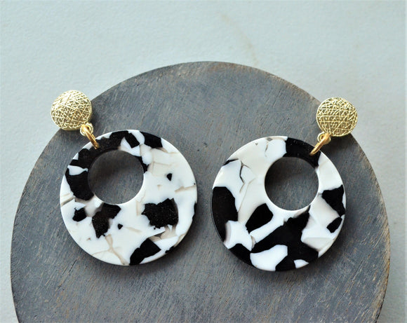 Black White Lucite Acrylic Statement Big Dangle Earrings - Grace