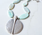 Light Blue Long Silver Pendant Boho Bead Statement Necklace