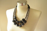 Black Gray Wood Beaded Chunky Block Bead Statement Necklace - Riley