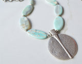 Light Blue Long Silver Pendant Boho Bead Statement Necklace