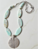 Light Blue Long Silver Pendant Boho Bead Statement Necklace