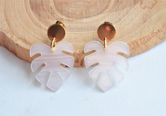 White Palm Leaf Lucite Tropical Statement Earrings
