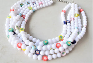 Christmas White Acrylic Lucite Bead Chunky Multi Strand Statement Necklace - Alana