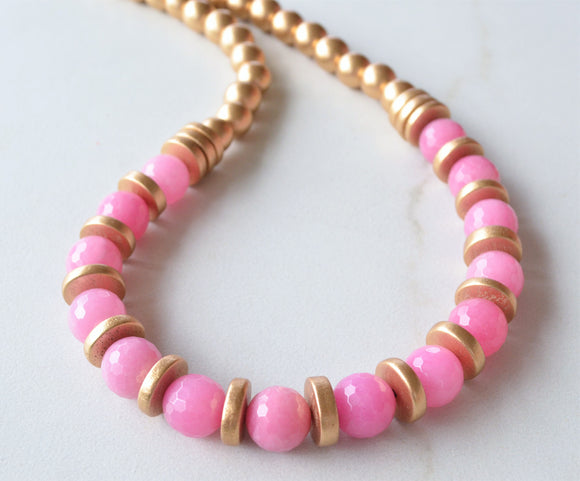Light Rose Pink Gold Statement Long Bead Chunky Jade Necklace - Mollie
