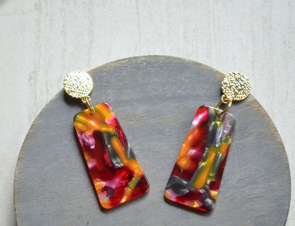 Red Orange Gray Statement Lucite Acrylic Dangle Womens Gold Earrings - Nevaeh