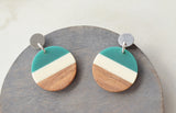 Yellow Green Lucite Stripe Wood Dangle Womens Statement Earrings - Orville