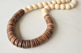 White Brown Chunky Wood Long Boho Beaded Statement Necklace - Elena