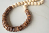 White Brown Chunky Wood Long Boho Beaded Statement Necklace - Elena