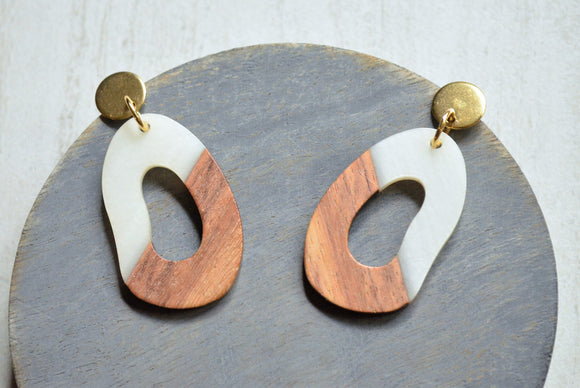 White Ivory Brown Wood Lucite Abstract Large Acrylic Statement Dangle Earrings - Sylvia