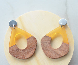 Yellow Red Lucite Wood Statement Earrings Big Acrylic Earrings - Veronique
