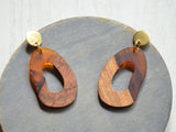 Brown Wood Lucite Abstract Large Acrylic Statement Dangle Earrings - Sylvia