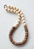 White Brown Chunky Wood Long Boho Beaded Statement Necklace - Elena