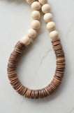 White Brown Chunky Wood Long Boho Beaded Statement Necklace - Elena