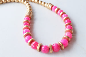Hot Pink Gold Statement Long Bead Chunky Jade Wood Necklace - Mollie