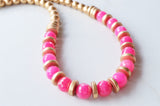 Hot Pink Gold Statement Long Bead Chunky Jade Wood Necklace - Mollie
