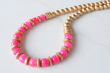 Hot Pink Gold Statement Long Bead Chunky Jade Wood Necklace - Mollie