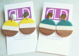 Yellow Green Lucite Stripe Wood Dangle Womens Statement Earrings - Orville