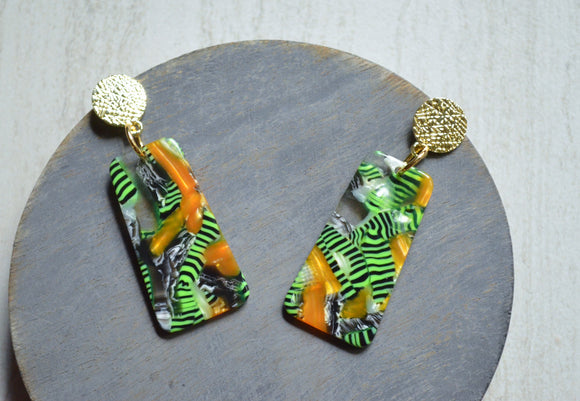 Green Yellow Black Lucite Acrylic Dangle Womens Statement Earrings - Nevaeh