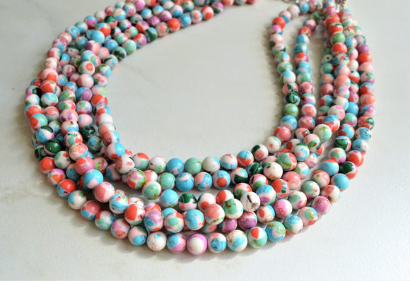 Multi Color Beaded Chunky Stone Multi Strand Statement Necklace - Michelle