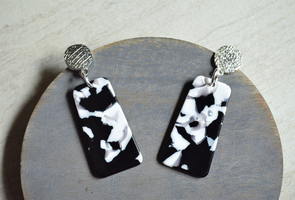 Black White Acrylic Lucite Terrazzo Large Statement Womens Dangle Earrings - Nevaeh