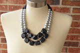 Black Silver Wood Beaded Chunky Multi Strand Statement Necklace - Riley