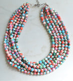 Multi Color Beaded Chunky Stone Multi Strand Statement Necklace - Michelle