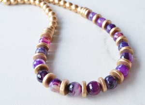 Purple Gold Long Bead Chunky Agate Wood Statement Necklace - Mollie