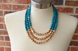 Teal Blue Gold Wood Beaded Multi Strand Chunky Statement Necklace - Lisa