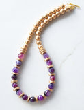 Purple Gold Long Bead Chunky Agate Wood Statement Necklace - Mollie