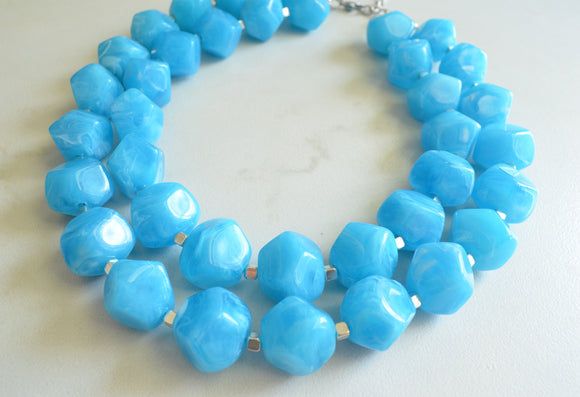 Turquoise Blue Lucite Chunky Beaded Multi strand Acrylic Statement Necklace - Ashley