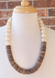 White Brown Chunky Wood Long Boho Beaded Statement Necklace - Elena