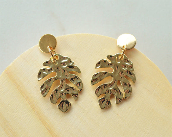 Gold Tropical Leaf Statement Monstera Big Dangle Earrings