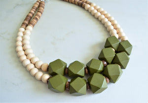 Green White Wood Beaded Chunky Multi Strand Boho Statement Necklace - Riley