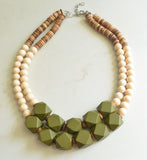 Green White Wood Beaded Chunky Multi Strand Boho Statement Necklace - Riley