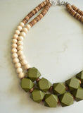 Green White Wood Beaded Chunky Multi Strand Boho Statement Necklace - Riley