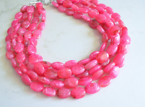 Pink Beaded Lucite Chunky Multi Strand Statement Necklace - Lauren