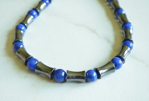 Blue Gray Jade Hematite Beaded Mens Necklace - Colton