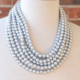 Silver Matte Beaded Acrylic Chunky Multi Strand Statement Necklace - Alana