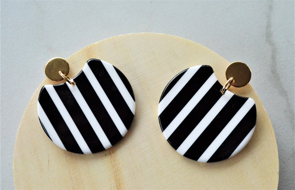 Black White Striped Lucite Acrylic Large Big Dangle Statement Earrings - Hanna