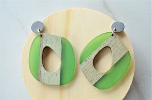Green Brown Wood Lucite Wood Big Bold Dangle Statement Earrings - Meyer