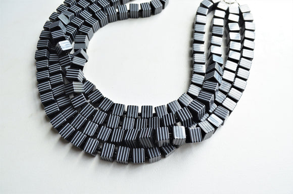 Black White Stripe Cube Bead Multi Strand Chunky Statement Necklace - Amanda