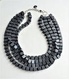 Black White Stripe Cube Bead Multi Strand Chunky Statement Necklace - Amanda