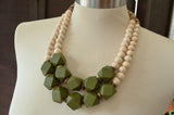 Green White Wood Beaded Chunky Multi Strand Boho Statement Necklace - Riley