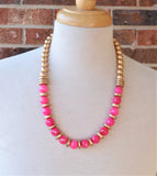 Hot Pink Gold Statement Long Bead Chunky Jade Wood Necklace - Mollie