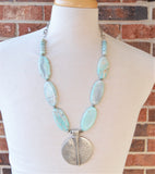 Light Blue Long Silver Pendant Boho Bead Statement Necklace