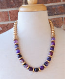 Purple Gold Long Bead Chunky Agate Wood Statement Necklace - Mollie